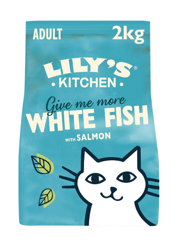 Lily's Kitchen Made with Natural Ingredients Adult Dry Cat Food White Fish with Salmon Grain-Free Recipe 2kg Front Image of Bag