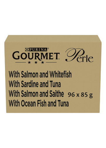 Gourmet Perle Seaside Duo Wet Cat Food in Gravy – 96 x 85g Pouches | Premium Fish Selection with Salmon & Whitefish, Tuna, Sardine, Saithe & Ocean Fish