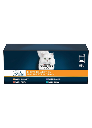 GOURMET Perle Chef's Collection Wet Adult Cat Food – Turkey, Tuna, Duck & Lamb in Gravy – 40 x 85g Pouches – Complete, Balanced Nutrition