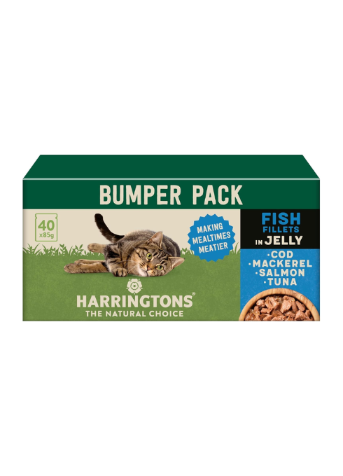 
Harringtons Complete Wet Pouch Grain Free Hypoallergenic Adult Cat Food Fish in Jelly Pack 40x85g - Cod, Mackerel, Salmon & Tuna - Making Mealtimes Meatier - Front Facing