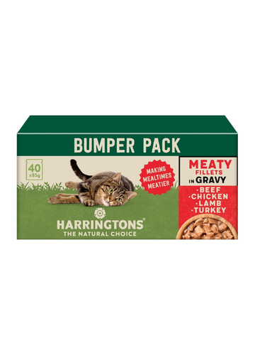 Harringtons Complete Wet Pouch Grain Free Hypoallergenic Adult Cat Food Meaty in Gravy Pack 40x85g - Beef, Chicken, Lamb & Turkey - Making Mealtimes Meatier - Front Facing
