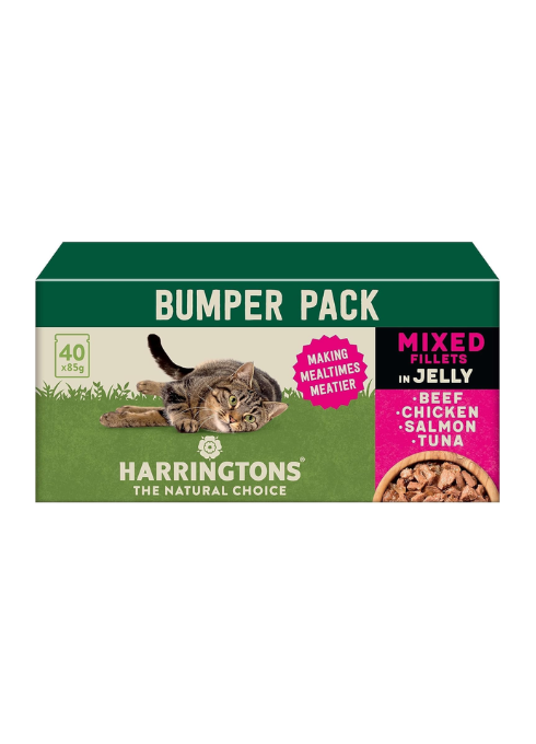 Harringtons Complete Wet Pouch Grain Free Hypoallergenic Adult Cat Food Mixed in Jelly Pack 40x85g - Beef, Chicken, Salmon & Tuna- Making Mealtimes Meatier - Facing Front on