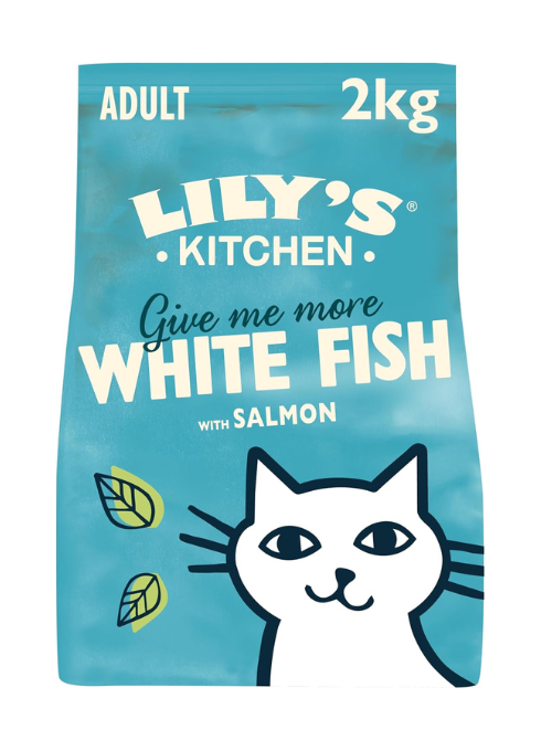 Lily's Kitchen Made with Natural Ingredients Adult Dry Cat Food White Fish with Salmon Grain-Free Recipe 2kg Front Image of Bag