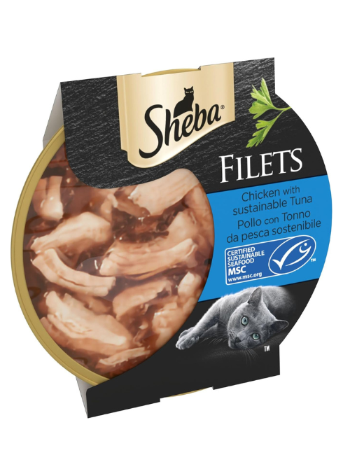 SHEBA Fillets Wet Cat Food Trays – Chicken & Tuna (MSC) in Gravy (2x16x60g) | High-Protein, Natural Ingredients | Complete & Balanced Adult Cat Food