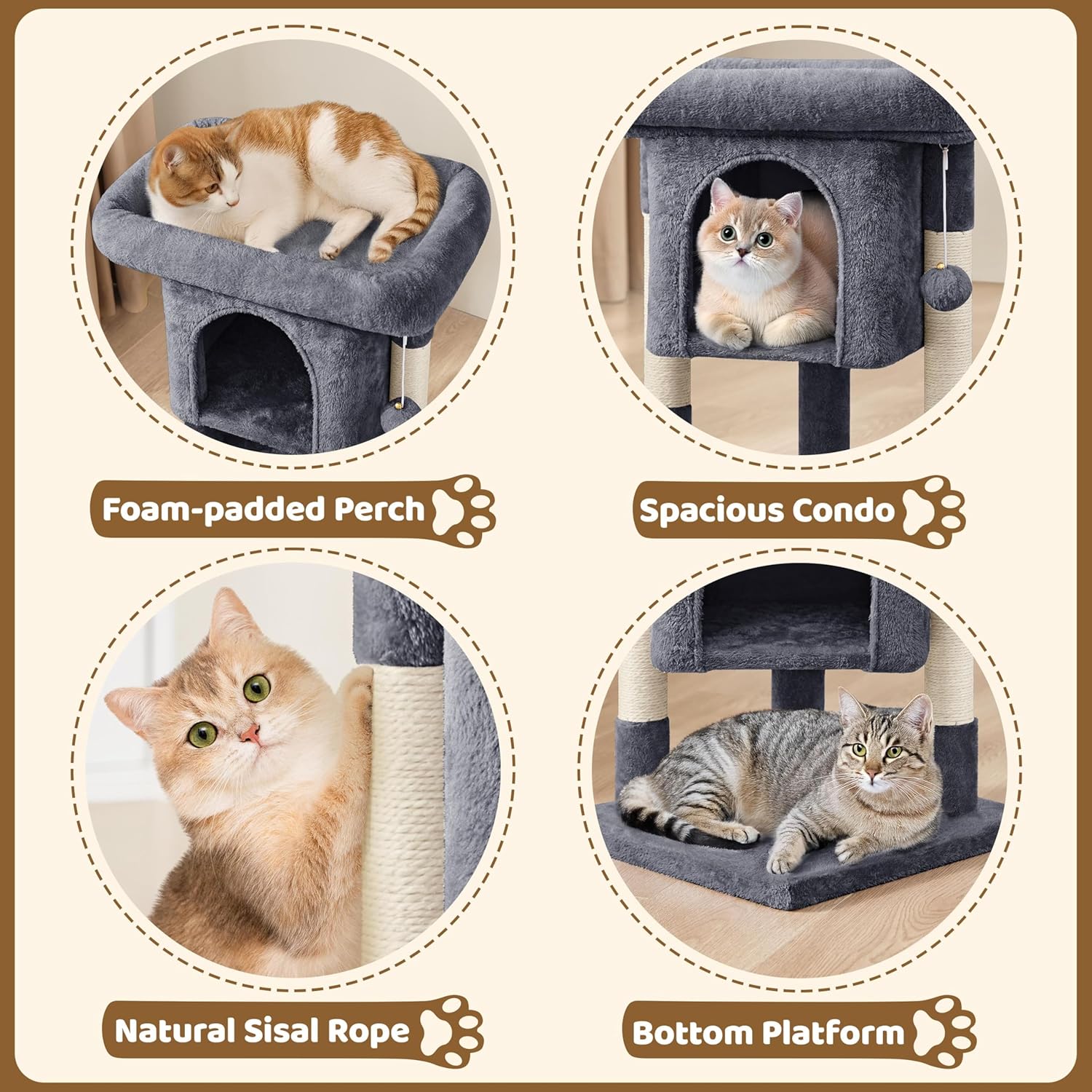 Compact Cat Tree with Condo, Perch & Sisal Scratching Posts – GreyCat Scratching PostKittyMart