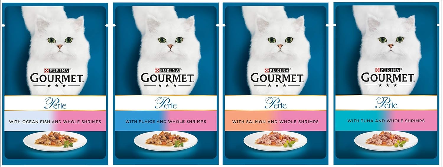 Gourmet Perle Adult Wet Cat Food – Ocean Delicacies in Gravy with Salmon, Tuna, Plaice & Whitefish – 4 x 12 x 85g (48 Pouches)KittyMart