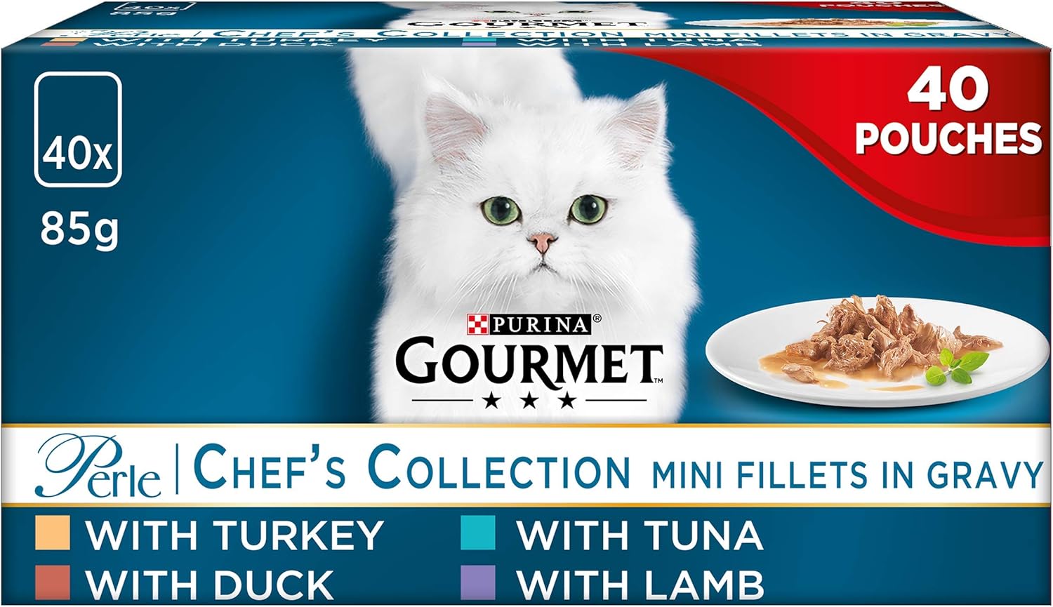 GOURMET Perle Chef's Collection Wet Adult Cat Food – Turkey, Tuna, Duck & Lamb in Gravy – 40 x 85g Pouches – Complete, Balanced NutritionKittyMart