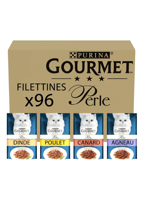 Gourmet Perle Chef’s Collection Wet Cat Food in Gravy – 4 Flavours: Turkey, Chicken, Duck & Lamb – 85g Pouches (Pack of 12/48/96) | Premium Adult Cat Food with Mini FilletsKittyMart