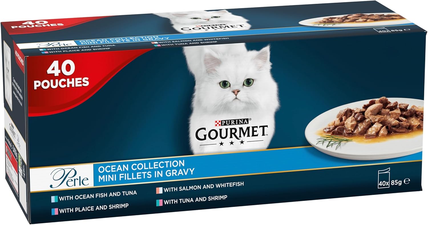 Gourmet Perle Ocean Collection Wet Cat Food – Tuna, Shrimp, Salmon, Ocean Fish – 40 x 85g Pouches – Complete, Balanced Nutrition for Adult CatsKittyMart