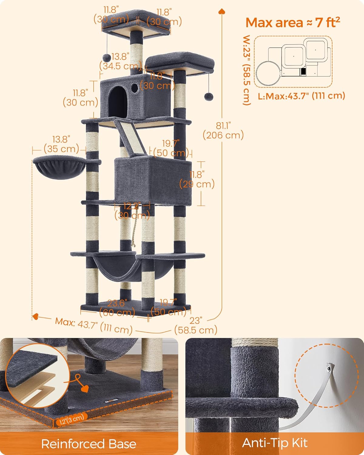 Multi - Level Cat Tree with Condo, Perches & Scratching Posts – GreyCat Scratching PostKittyMart